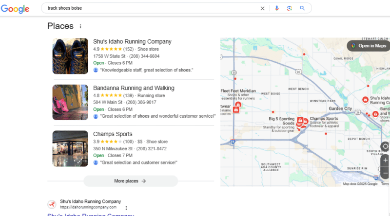 Google SERP for track shoes boise