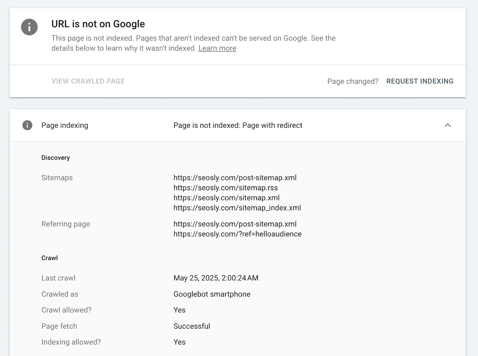 URL Inspection tool - URL is not on Google