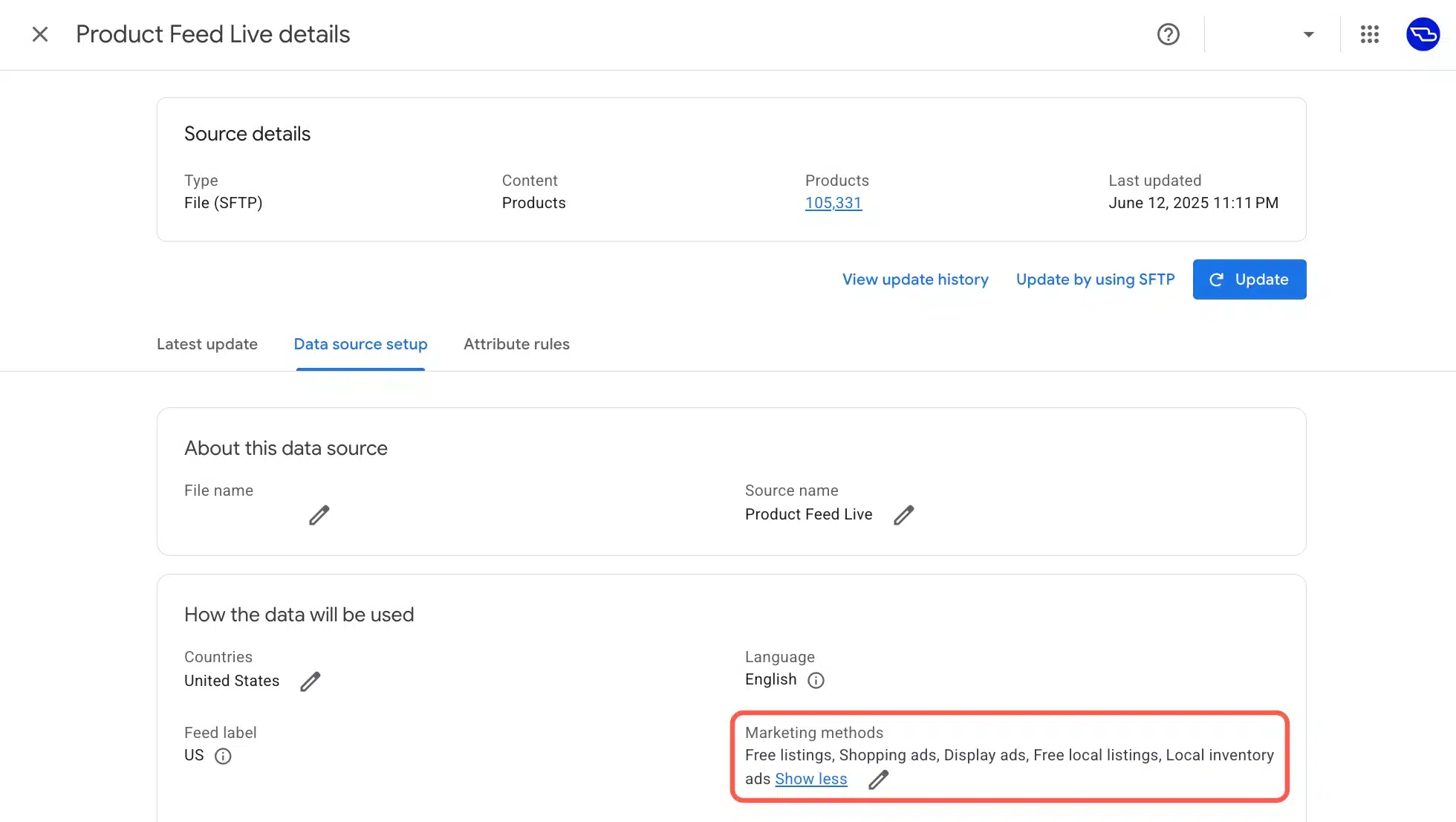 Product Feed live details