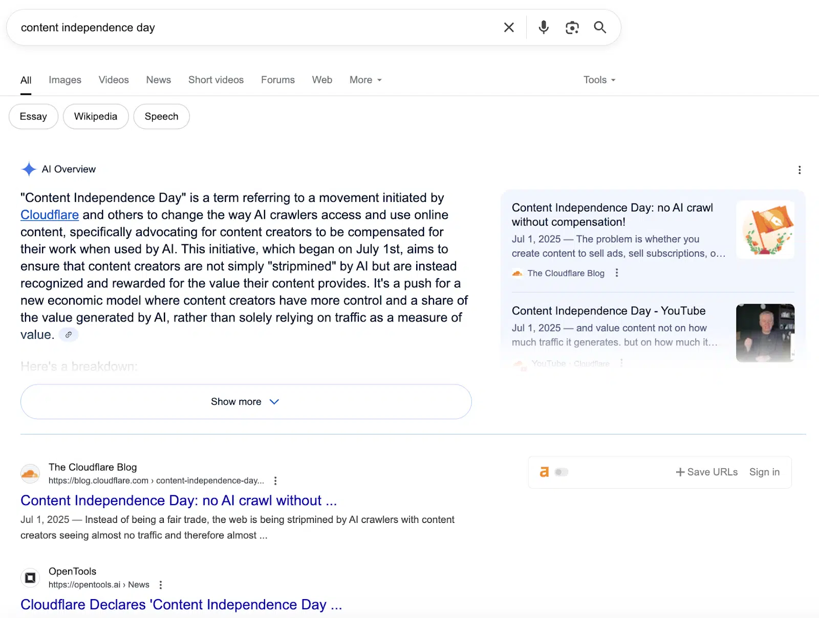 Screenshot of the Google SERP for the query “content independence day,” demonstrating Cloudflare’s “SERP domination” by securing both the Top 1 organic result and a citation in the AI Overview