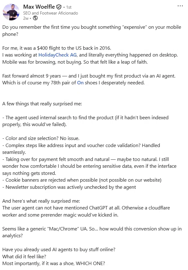LinkedIn post by Max Woelfle describing an AI agent's seamless purchase of shoes and the resulting analytics challenge.