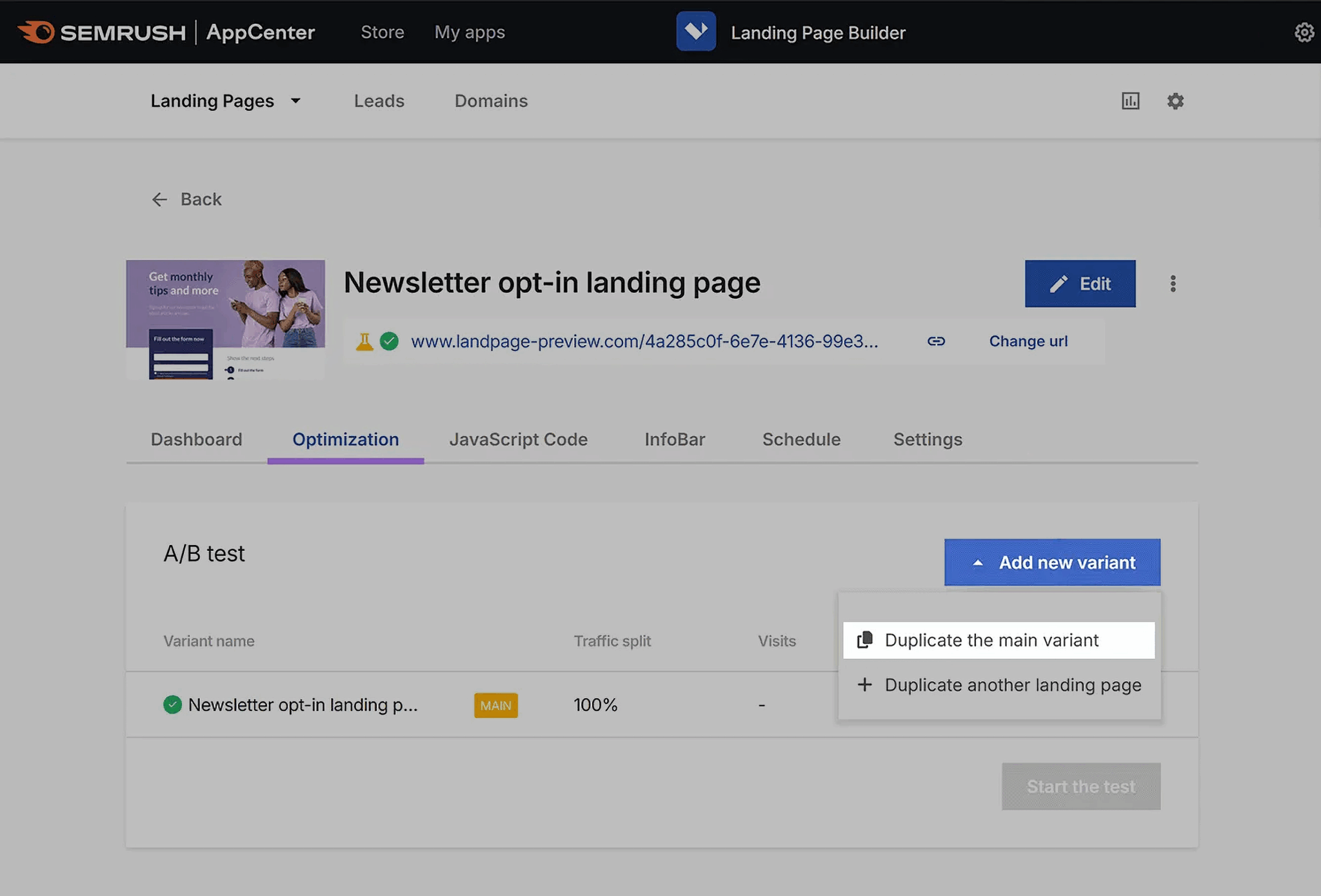 Semrush Build Landing Pages Add New Variant Scaled