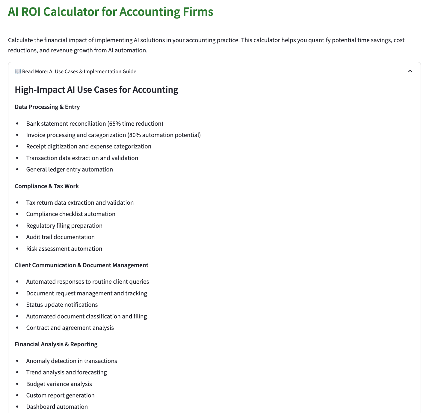 AI ROI calculator for accounting firms