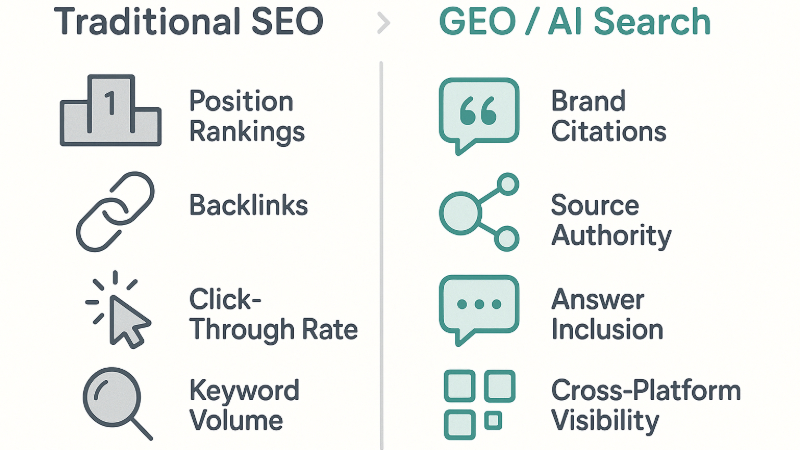 SEO metrics versus GEO metrics comparison infographic