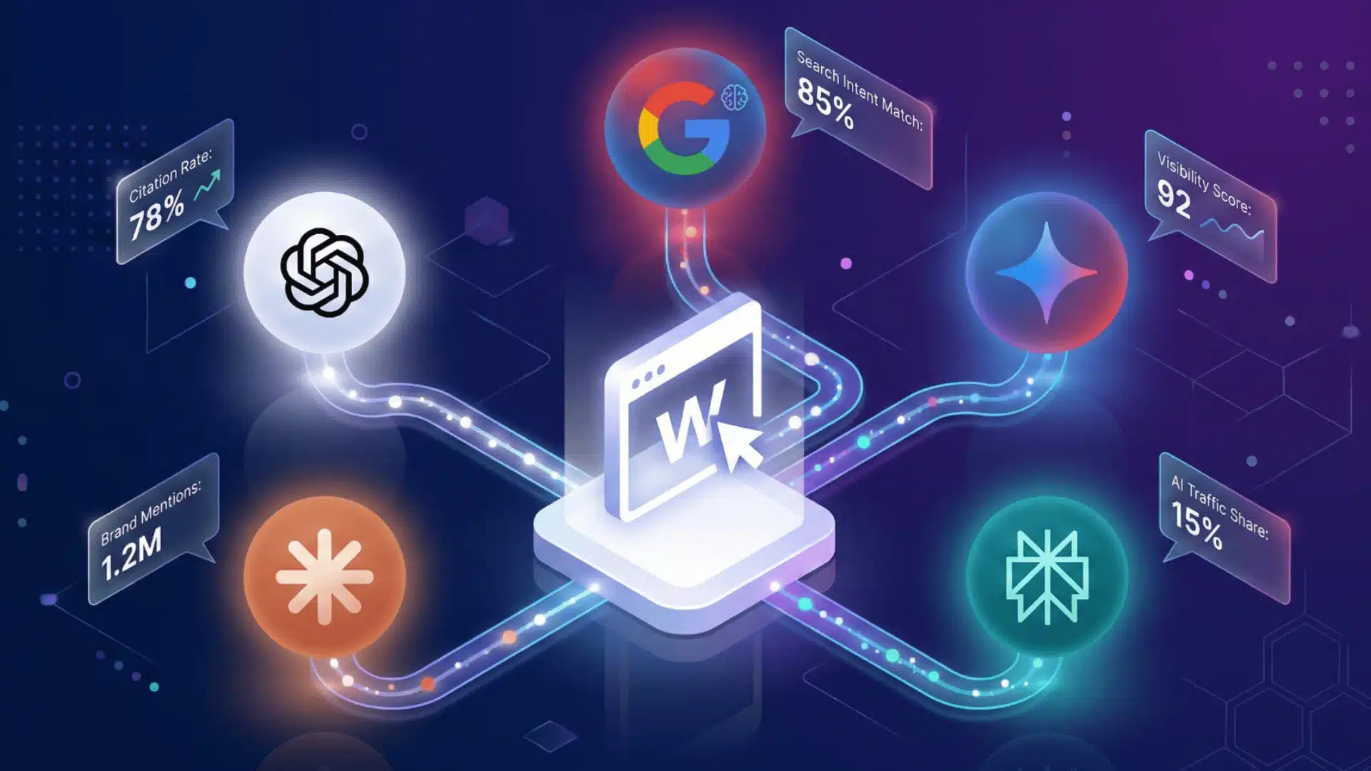 Brand visibility network connecting to ChatGPT, Claude, Gemini, and Perplexity