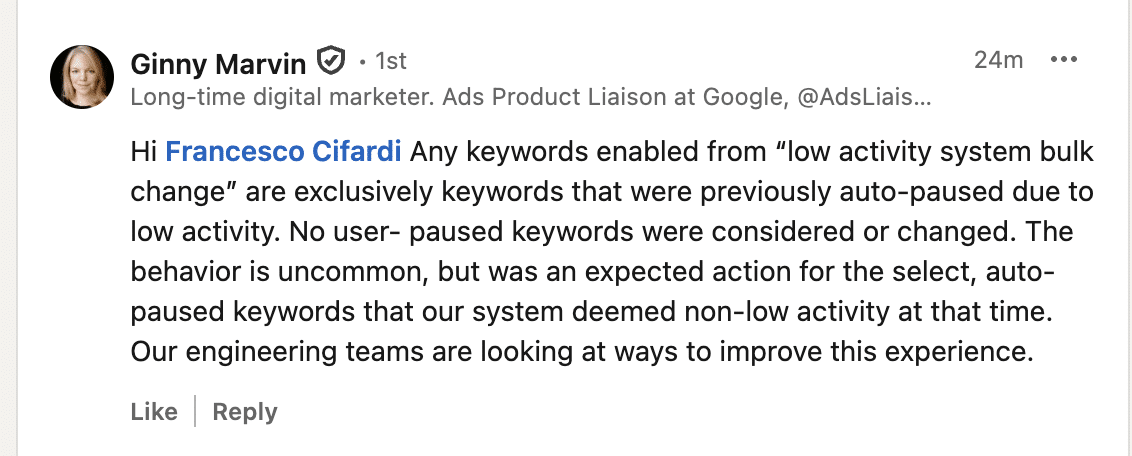 Re Enabling Paused Keywords Google Responds