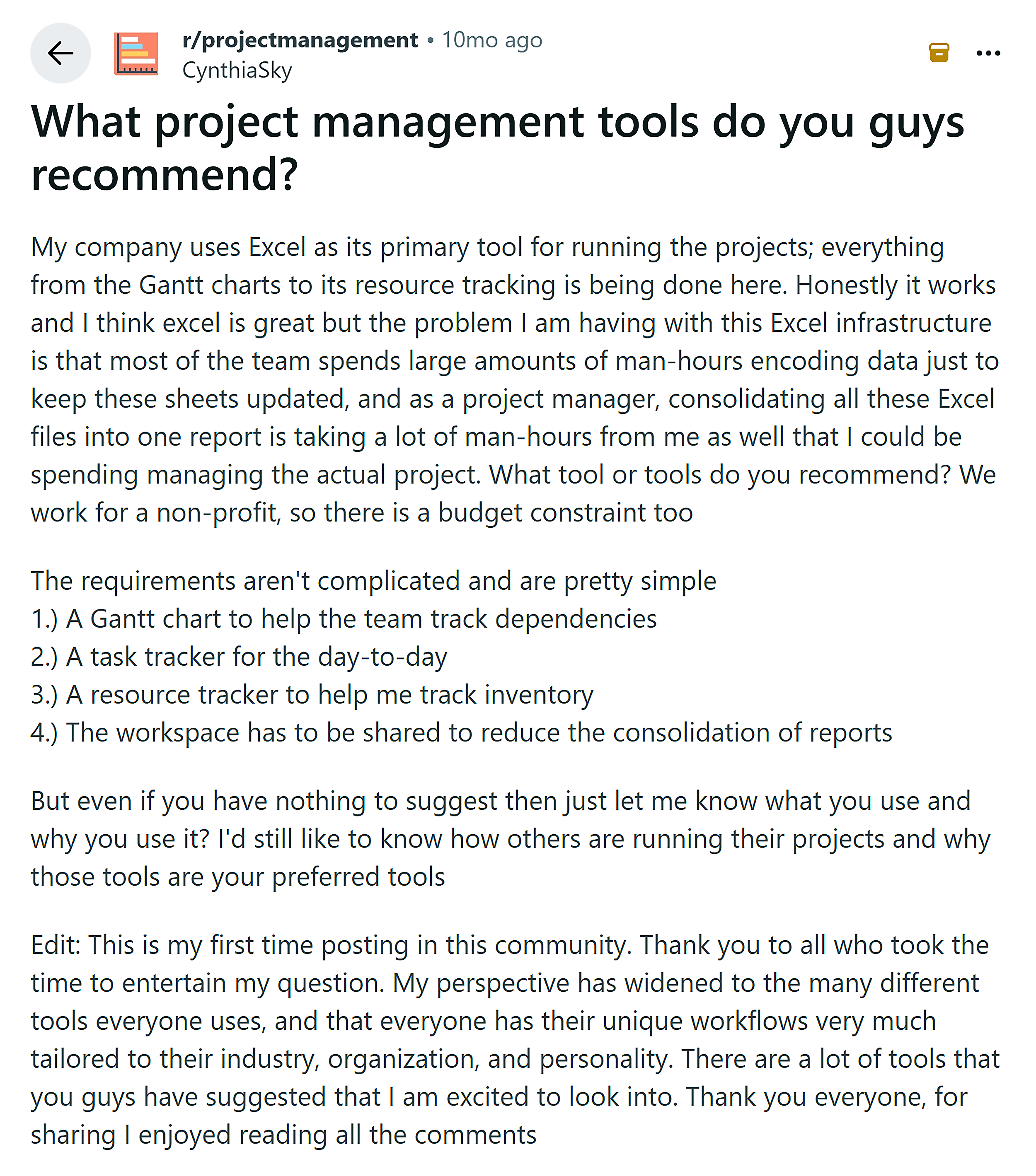 Reddit R Projectmanagement Subreddit Thread