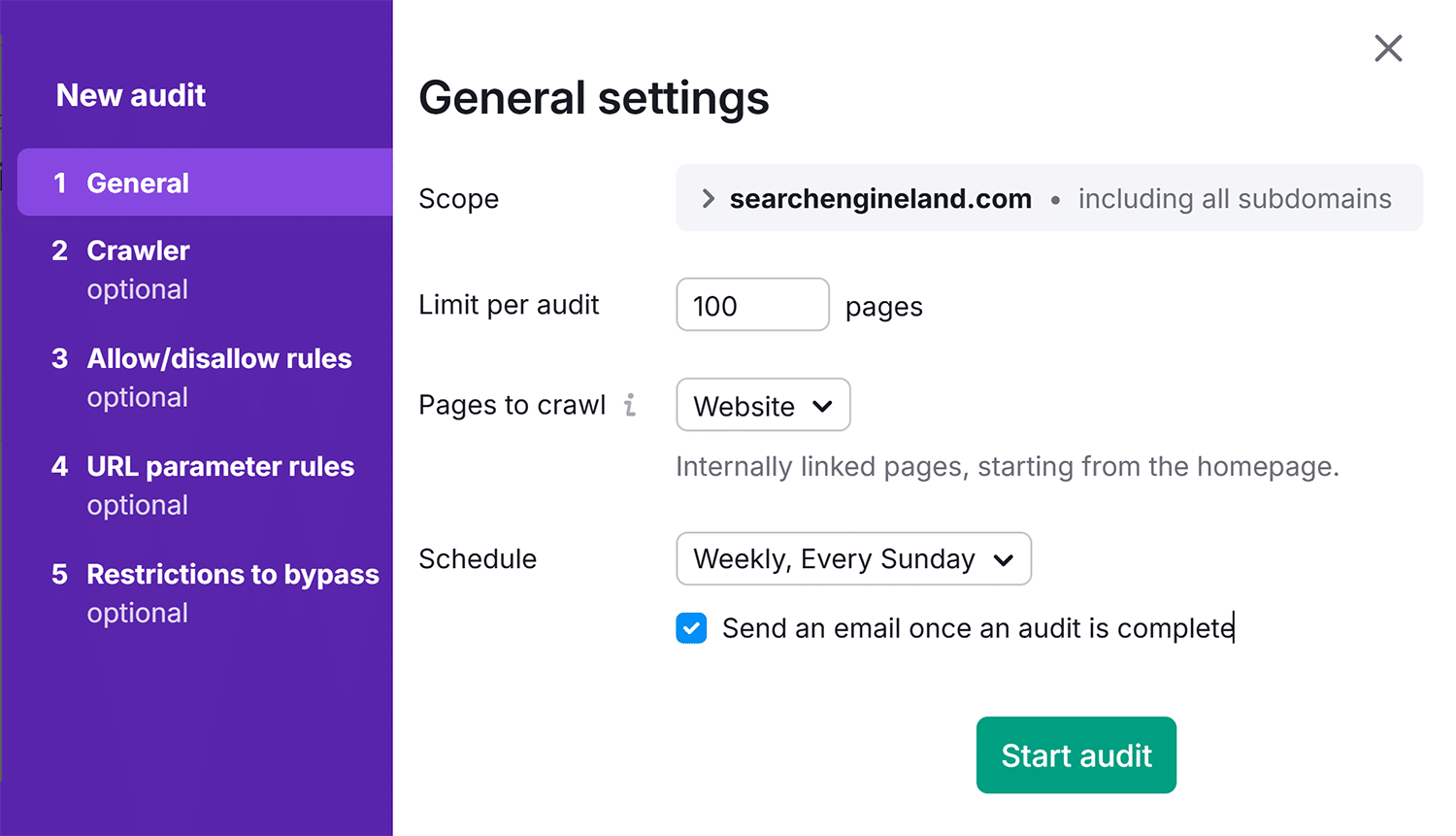 Site Audit Sel General Settings