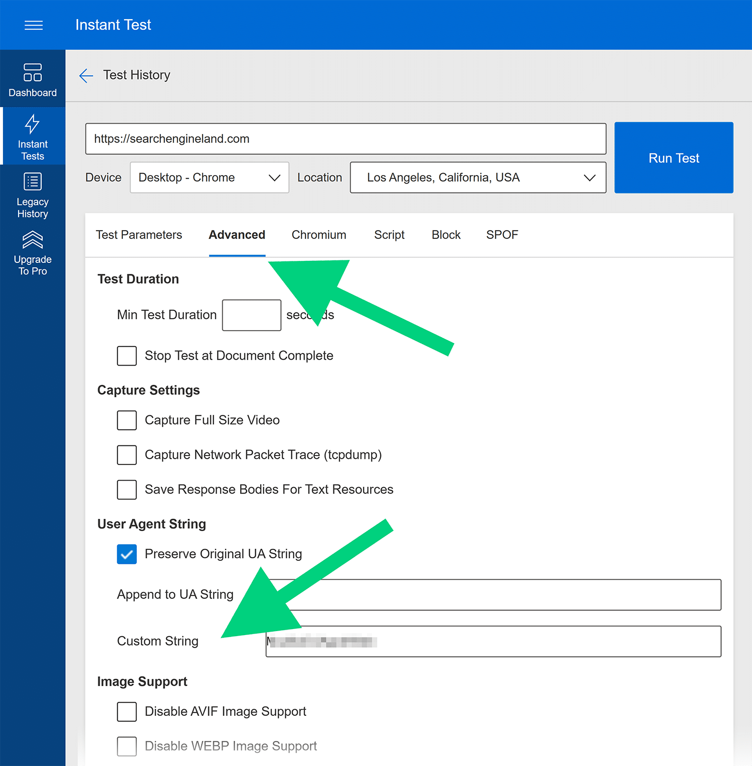 Catchpoint Instant Tests Advanced Tab