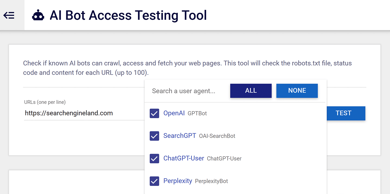 Technicalseo Ai Bot Access Testing Tool Dropdown