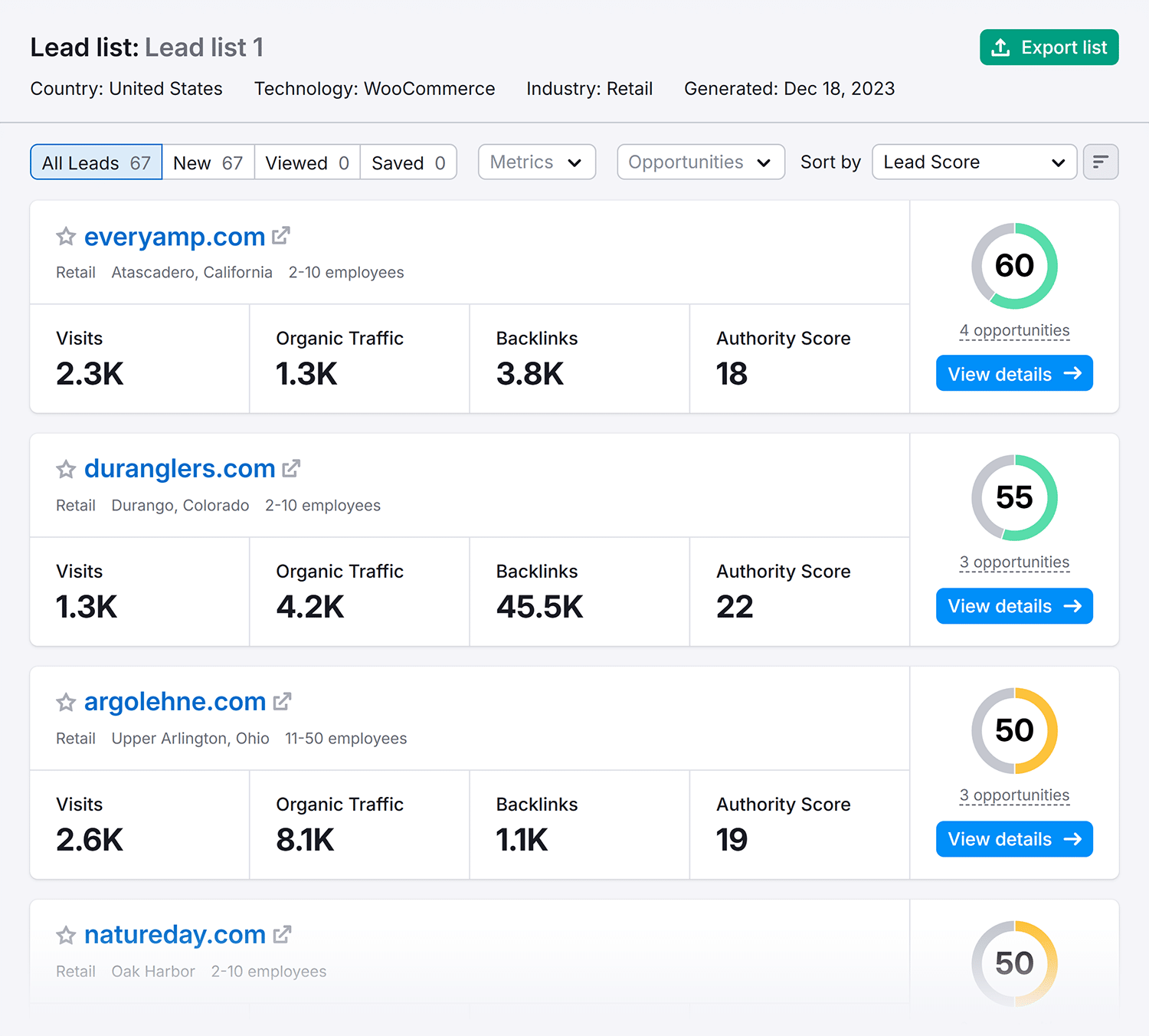 Lead Finder Woocomerce Lead List