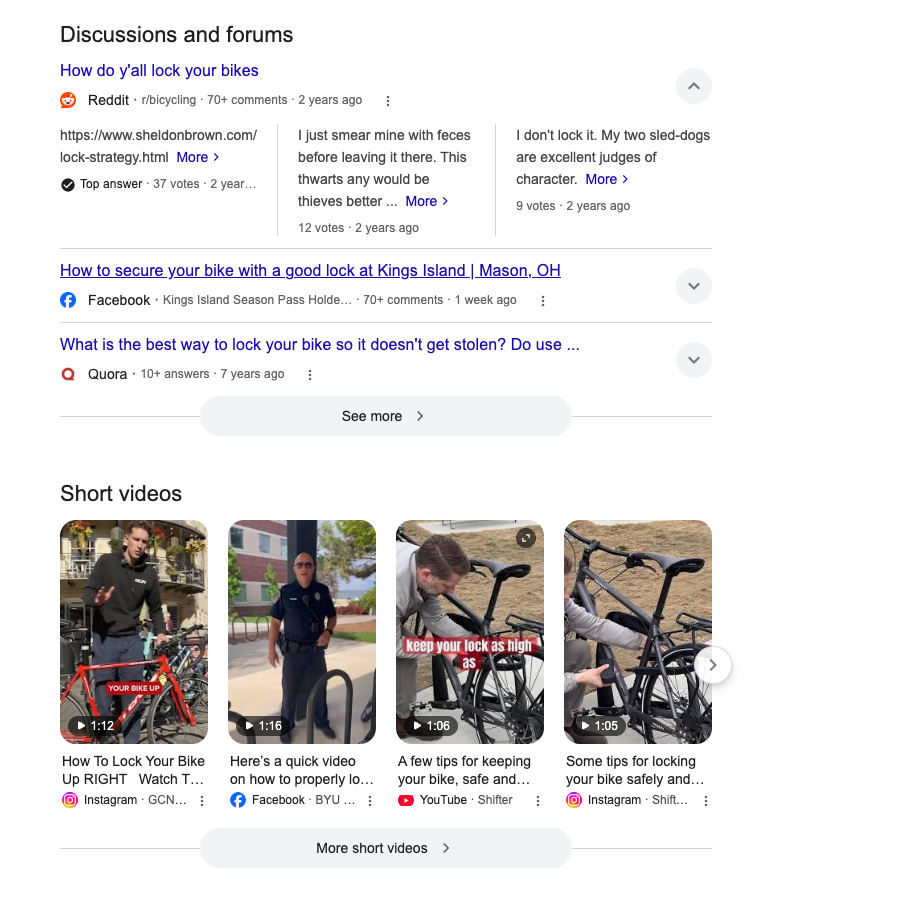 Google is answering the query through forums, AI Overviews, and video content.