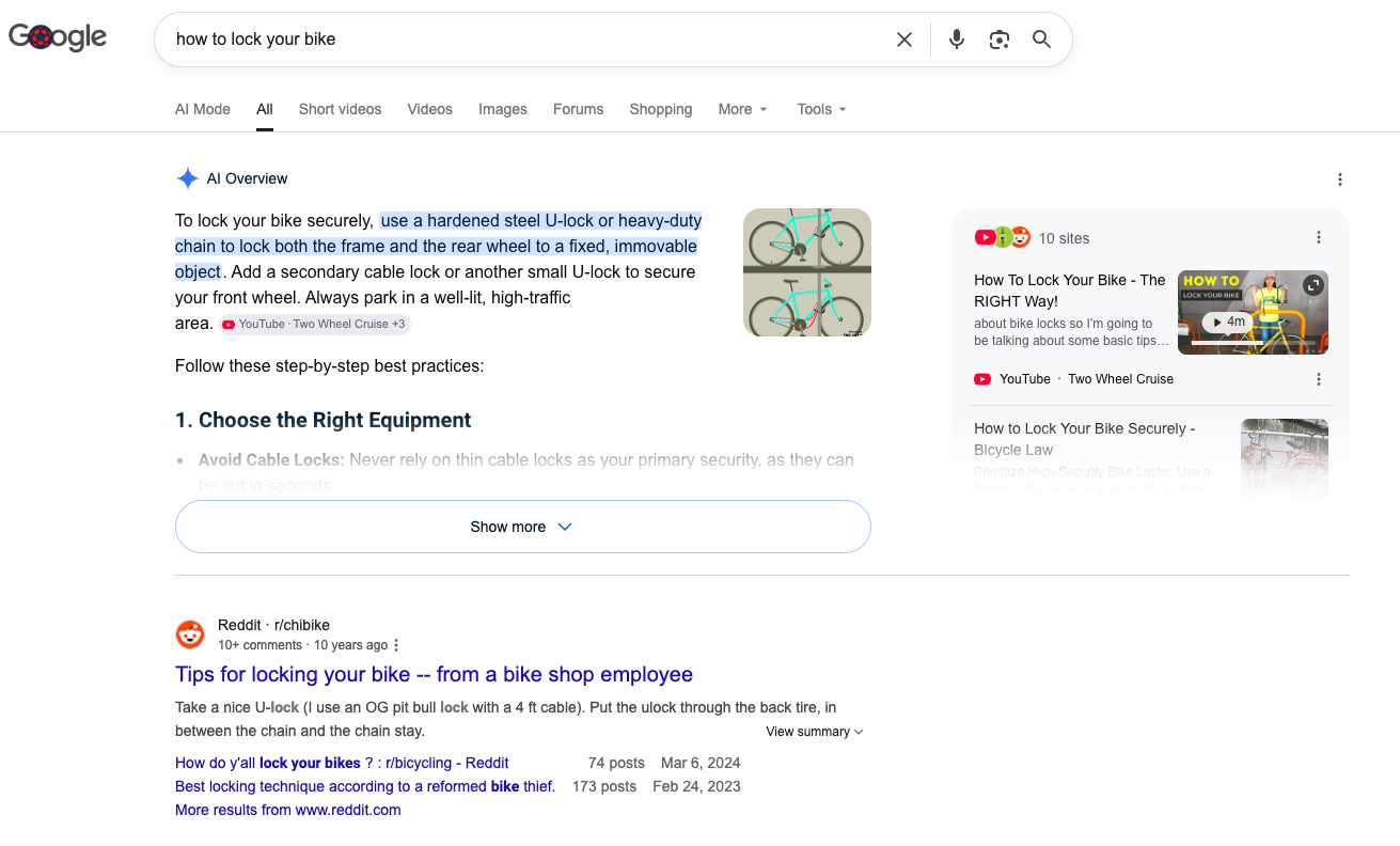 Google is answering the query through forums, AI Overviews, and video content.