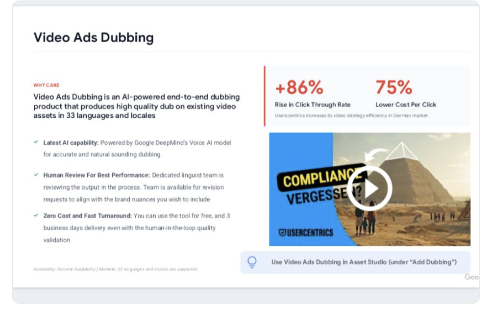 Google Ads rolls out AI video dubbing in Asset Studio