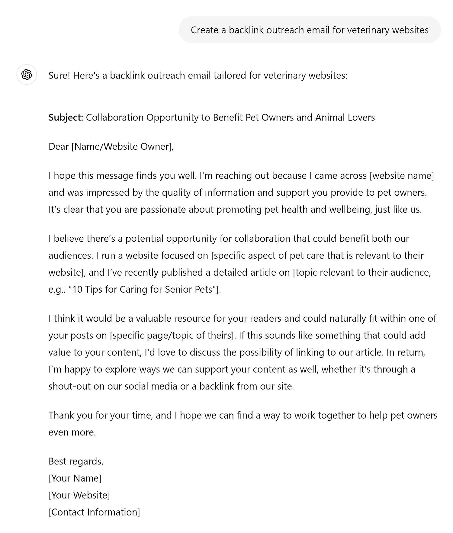 ChatGPT generated a backlink outreach email Chatgpt Generate A Backlink Outreach Email