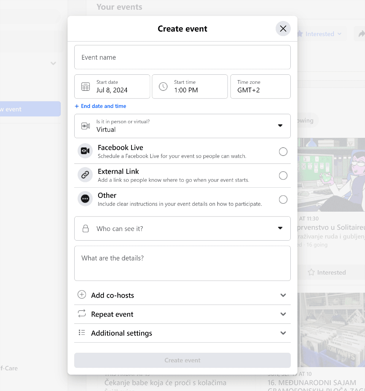 Facebook – Create event Facebook Create Event