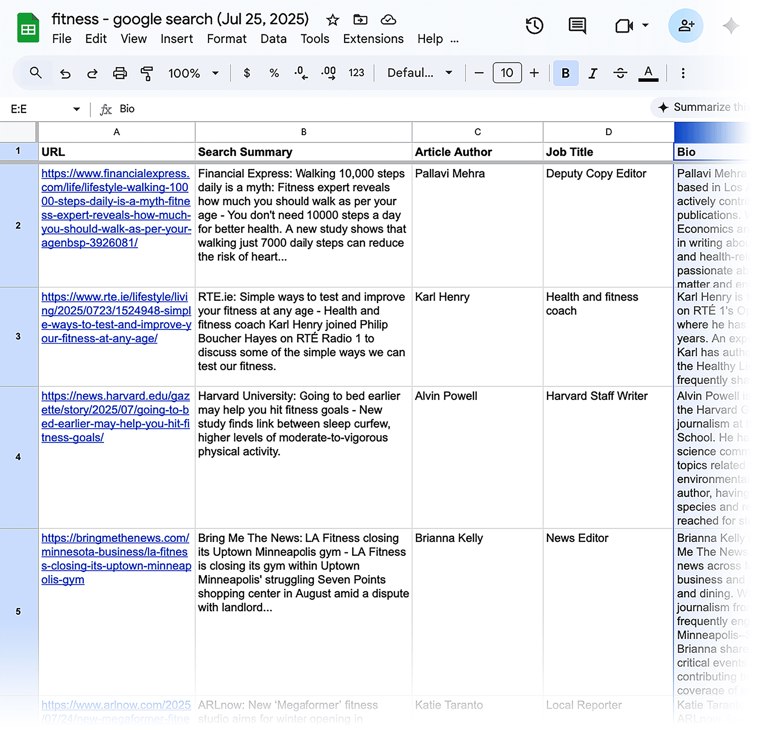 Google Sheets Fitness Outreach