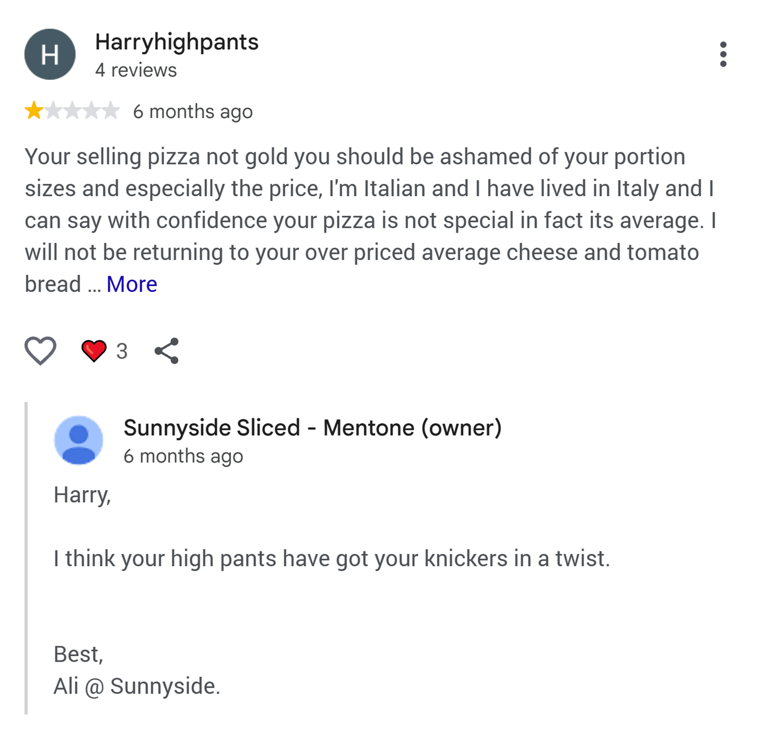 Sunnyside Sliced Review Owner Reply