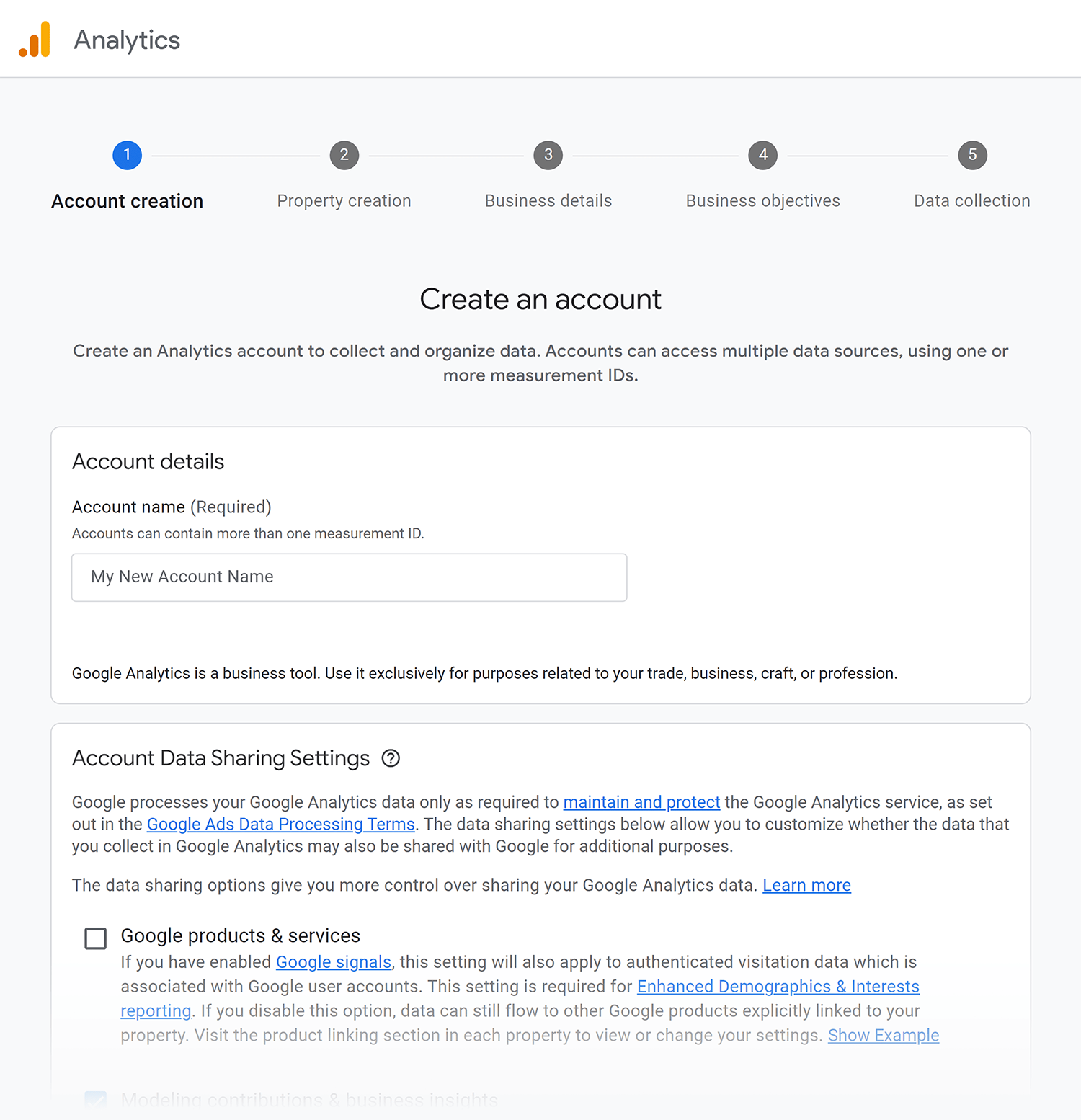 Analytics – Account creation Analytics Account Creation