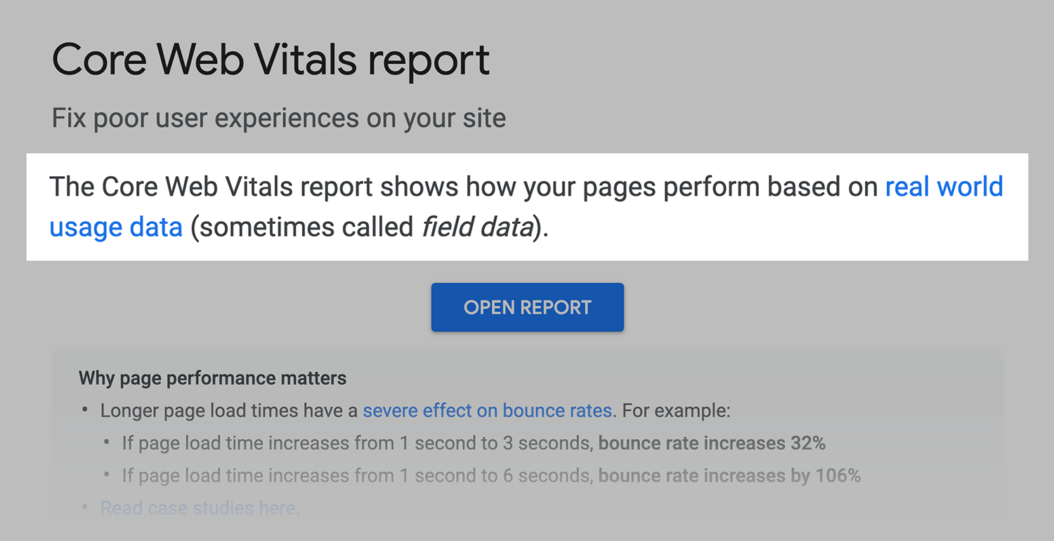 Google Core Web Vitals Report