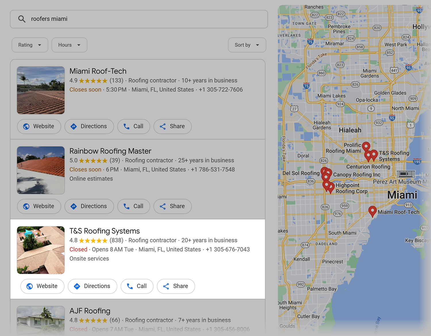 Google Maps Search Roofers Miami
