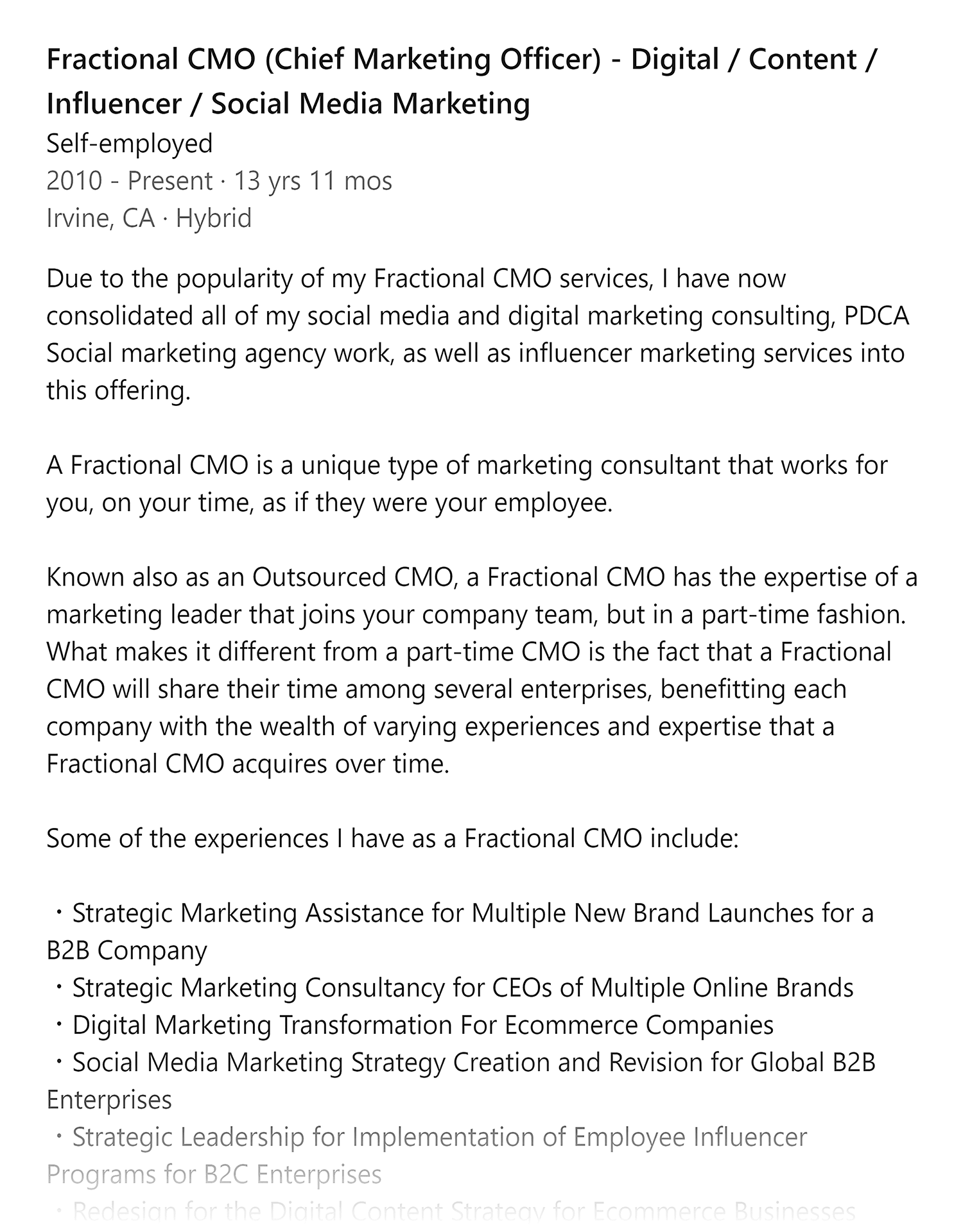 Linkedin Profile Work Experience