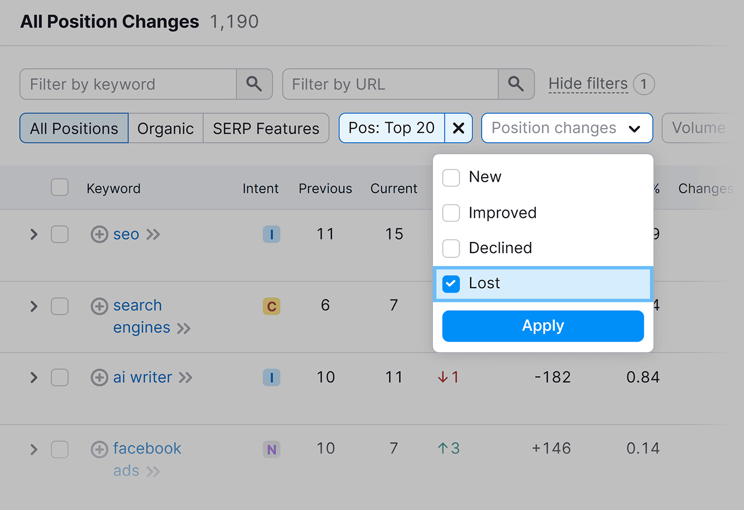 Organic Research Position Change Filter
