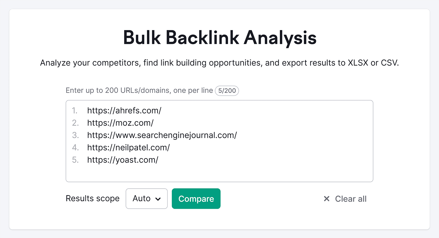 Semrush Bulk Backlink Analysis Search