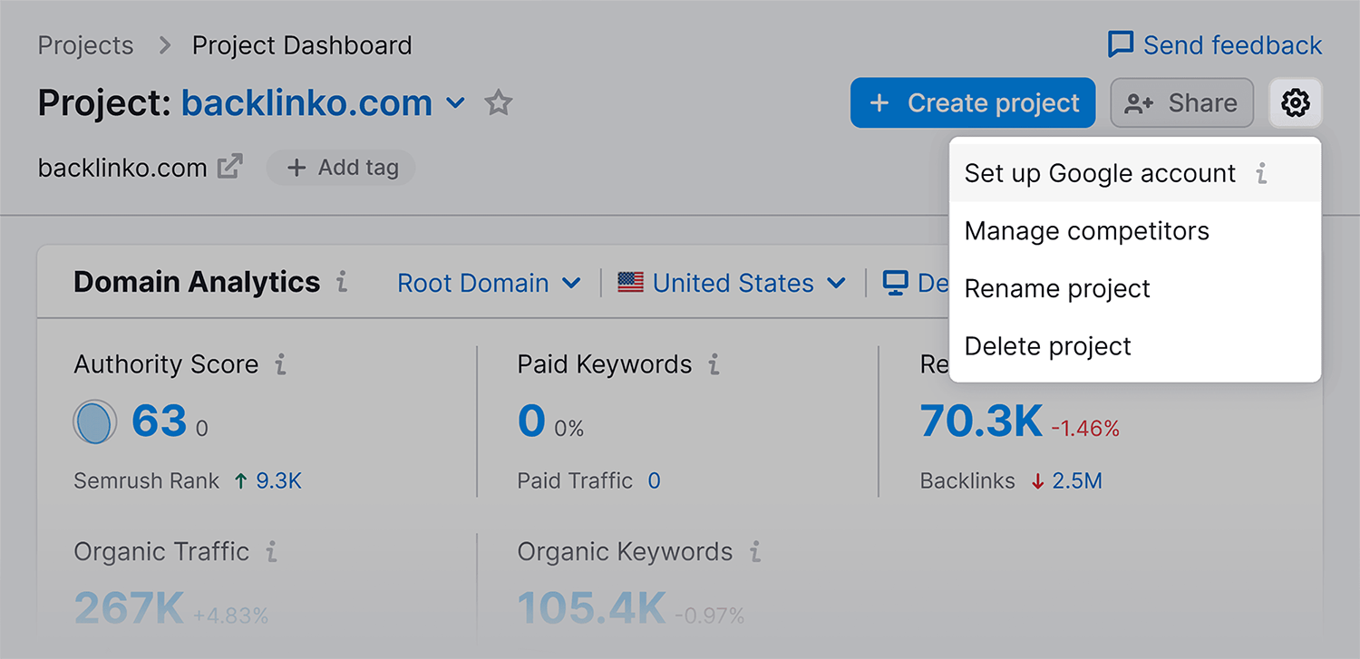 Semrush Projects Set Up Google Account